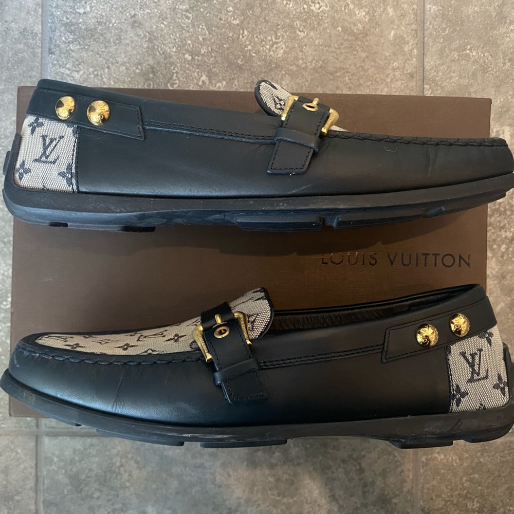 Louis Vuitton minimonogram fabric navy gold hardware vintage flats loafer 38.5 - Picture 9 of 12